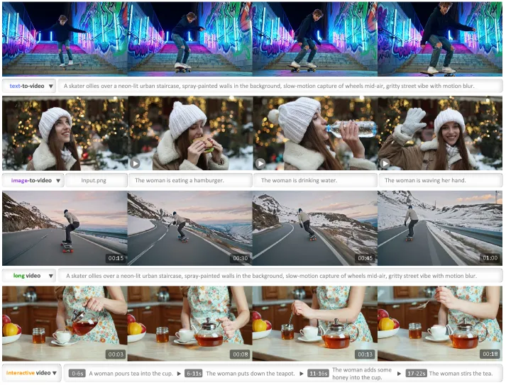 Figure 1: 多任务生成示例 — Text-to-Video、Image-to-Video、Video-Continuation